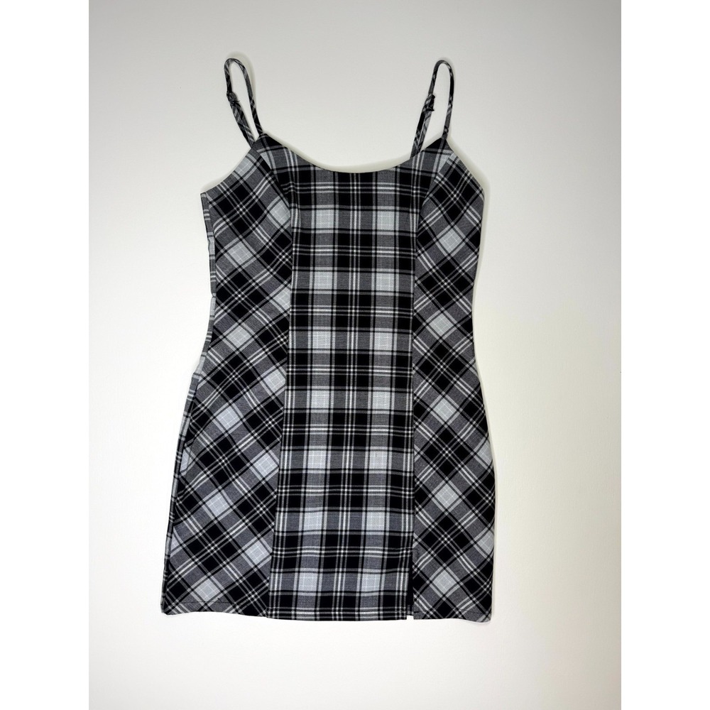 Forever 21 Mini Dress Womens Medium White Black Plaid Side Zip Spaghetti Strap